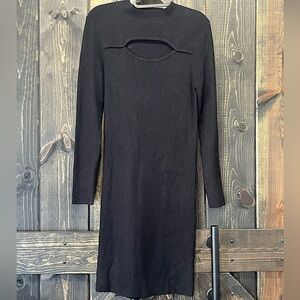 Carmen Marc Valvo Dress L Black Cutout‎ Long Sleeves Bodycon Stretch Ribbed Knee